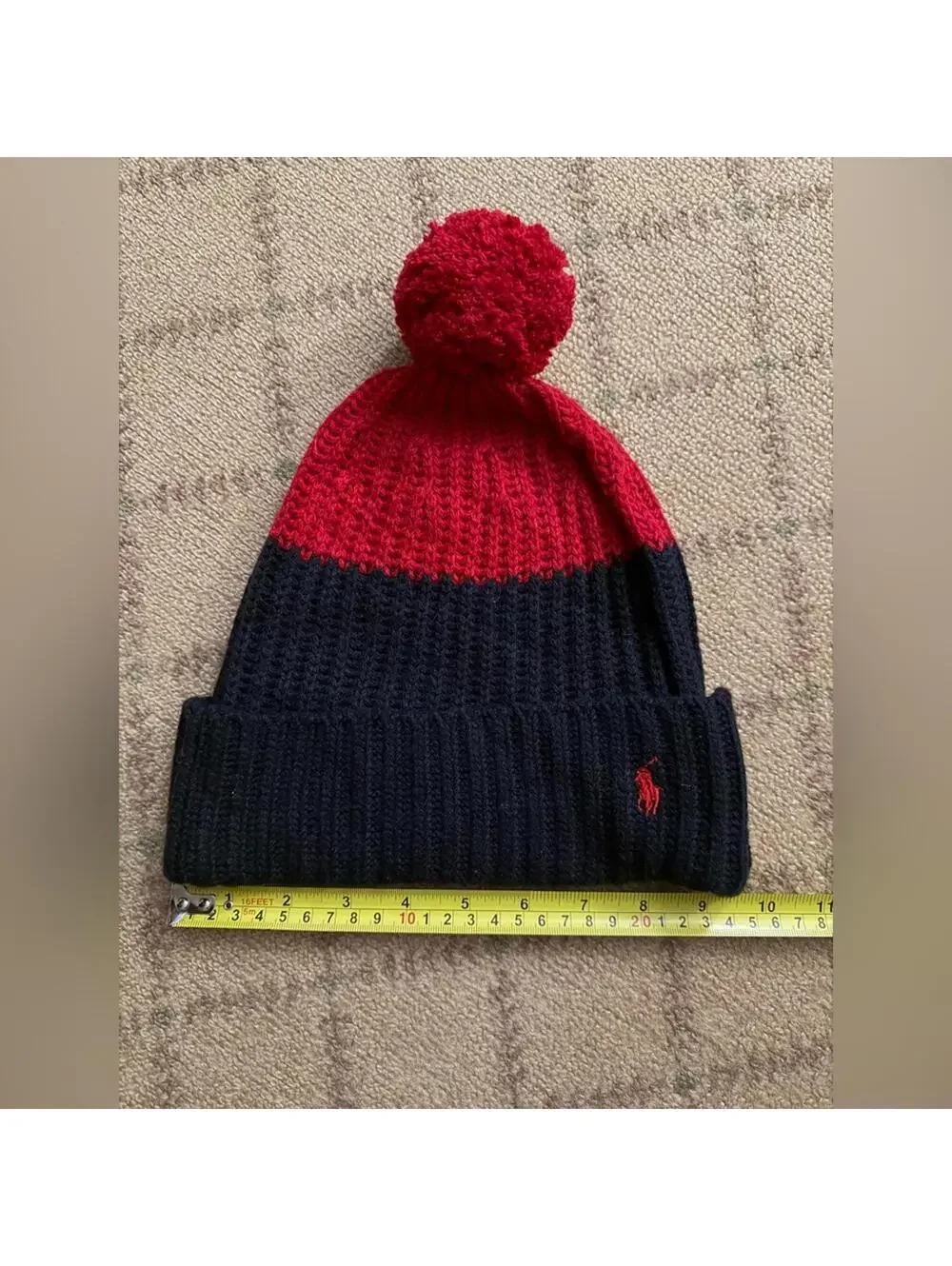 Polo Ralph Lauren Navy and Red knit beanie hat w pom pom and logo. NWOT